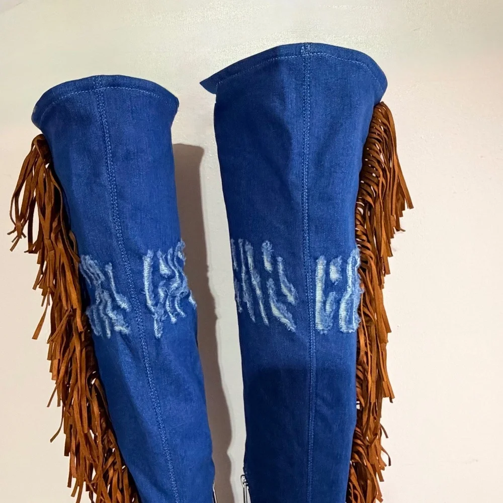 Cape Robbin Blue Denim Like Fabric Distressed Patches Fringe Detail OTK Boots